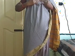 desi  indian tamil telugu kannada malayalam hindi horny cheating wife vanitha wearing grey impulse saree  showing big boobs and shaved pussy press hard boobs press nip rubbing pussy masturbation